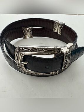 Vtg Brighton Reversible Leather Belt 36 Black Brown Croc Embossed Silver Western